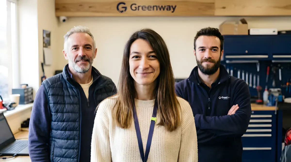 Équipe d'une entreprise cliente devant son atelier, logo Greenway au mur